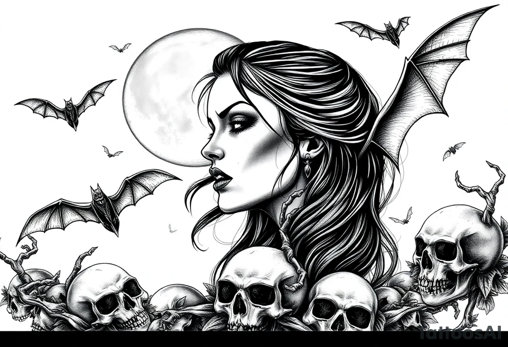 female vampire,bats,full moon,skulls. tattoo idea