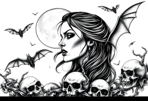 female vampire,bats,full moon,skulls. tattoo idea