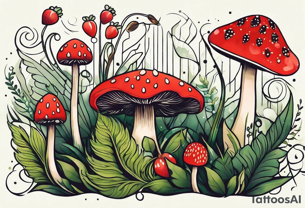 forest floor inspired minimalist tattoo, which includes grass, curly ferns, moss and dead leaves as the bulk of the tattoo. details to include: three very tiny strawberries, a tiny bumblebee flying nearby, three small brown mushrooms
Generate a vertically long one tattoo idea