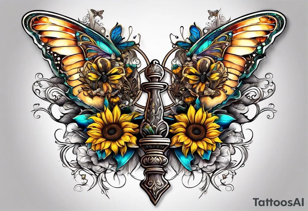 Winged cross with sunflower and butterflies tattoo idea