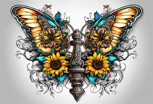 Winged cross with sunflower and butterflies tattoo idea