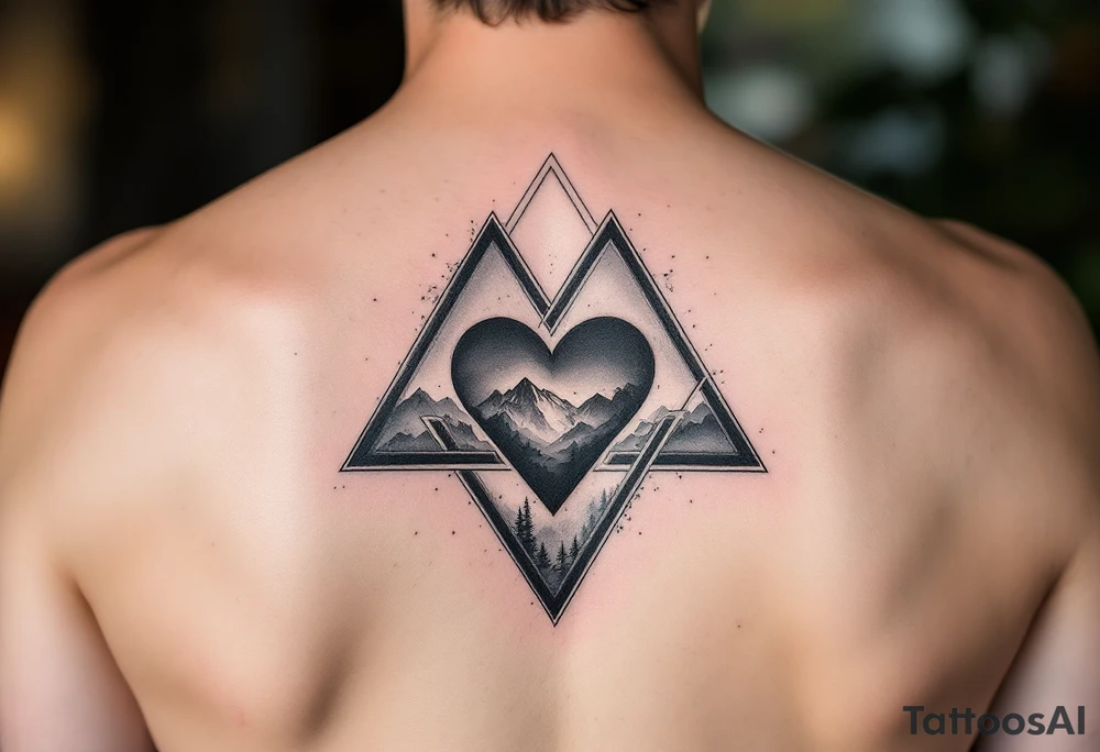 A triangle with a big heart in the cente with a mountain theme tattoo idea