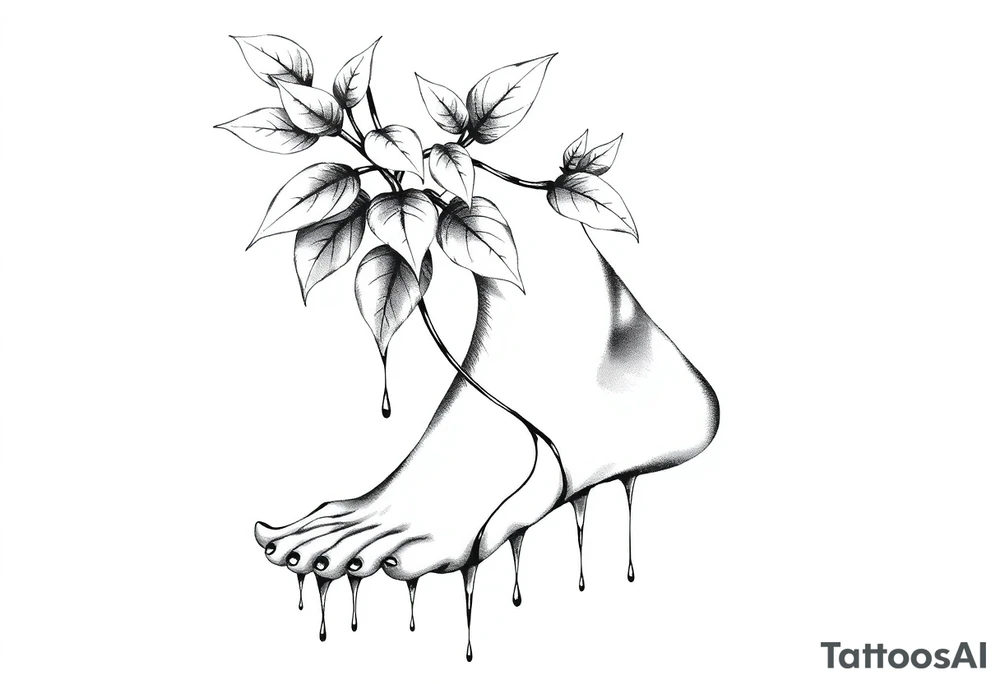 plant with long leaves, dripping like ink, growing from left foot to the cleavage tattoo idea