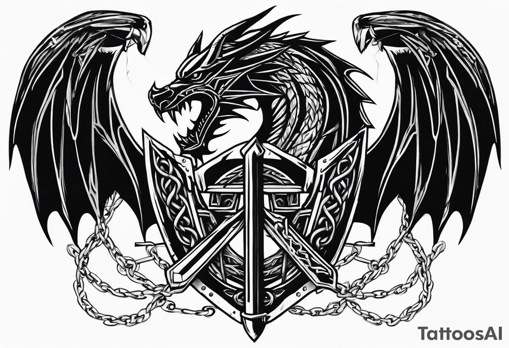 Valhalla sword shield dragon axe Valknut barbed wire chains tattoo idea Valhalla sword shield dragon axe Valknut barbed wire chains tattoo idea