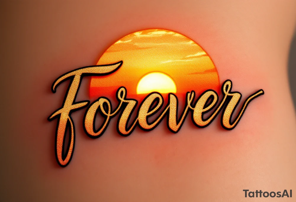 A glowing sunset behind the word "forever" in warm orange and gold gradient cursive. tattoo idea