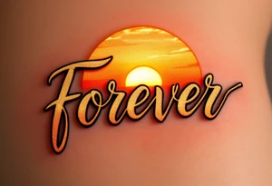 A glowing sunset behind the word "forever" in warm orange and gold gradient cursive. tattoo idea