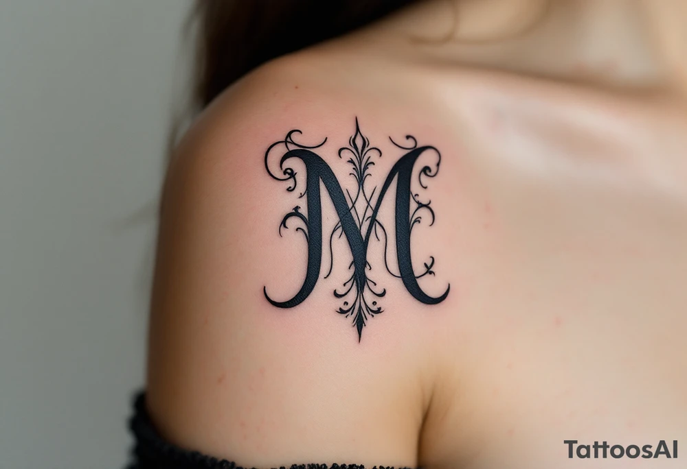 A bold blackletter-style "M" in deep onyx black with sharp gothic edges. tattoo idea