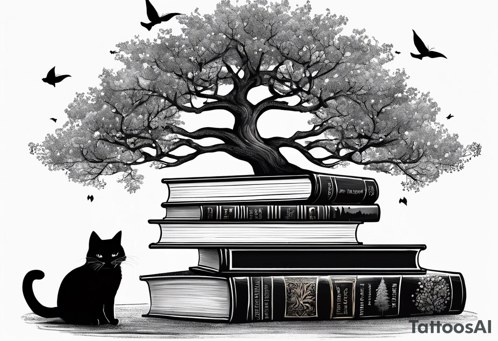 Four books stacked whimsically with the top book open with a black cat and and Tree coming out with a little start in the sky tattoo idea