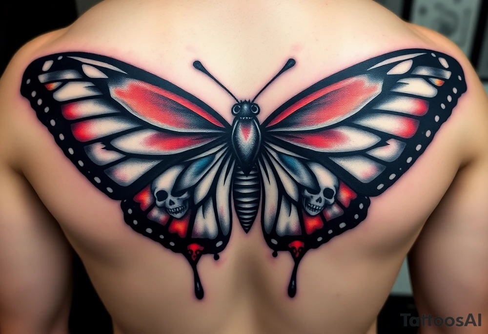 powerful majestic and dark monarch butterfly with skull detail in the wings
hidden skulls in wings, skull detail making the body of the butterfly with a horror style dripping effect, including blue, red and white colouring tattoo idea