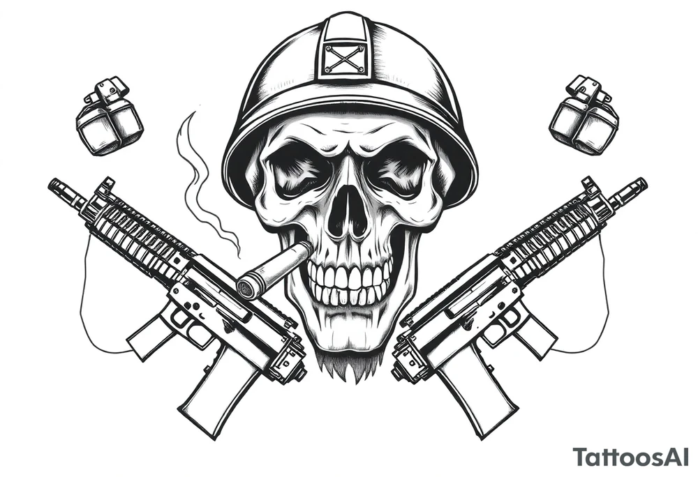 A stoic skull in a military helmet, cigar burning, flanked by crossed assault rifles and grenades. tattoo idea
