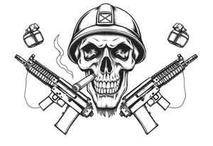 A stoic skull in a military helmet, cigar burning, flanked by crossed assault rifles and grenades. tattoo idea