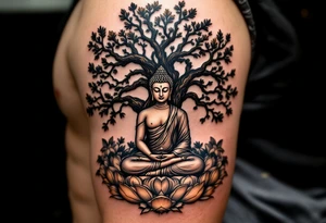 Buddha Sitting in Meditation – The iconic seated posture under the Bodhi tree, in soft sepia, black and gray, or gold ink. tattoo idea