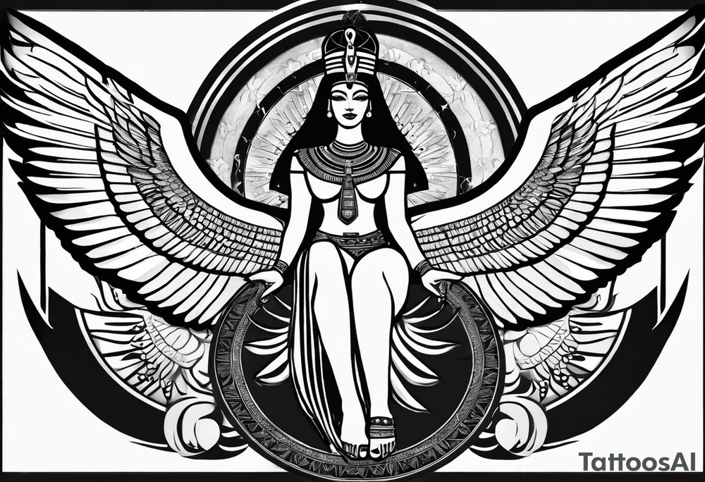 black and white Egyptian goddess Isis, who is often depicted as a woman with outstretched wings, holding an ankh (a symbol of life) in one hand and a lotus flower in the other. Her headdress often includes a throne or a solar disk. The tattoo design can vary in style and size, but it typically aims to capture the essence of this revered Egyptian deity, emphasizing her beauty, power, and maternal qualities. The choice of colors and additional elements can also be customized to create a unique and visually striking representation of the goddess Isis tattoo idea