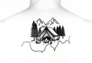 Simplistic, black and white tattoo. A little camping tent, with a fire, in the woods, surrounded by alps and a couple pine trees. The tattoo must be inside the contour of the Switzerland map tattoo idea