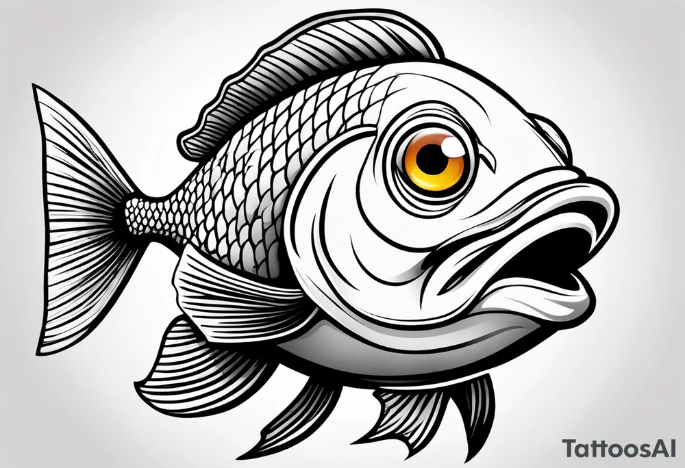 Cartoon fish with a mean face, angry expression, realistic tattoo idea