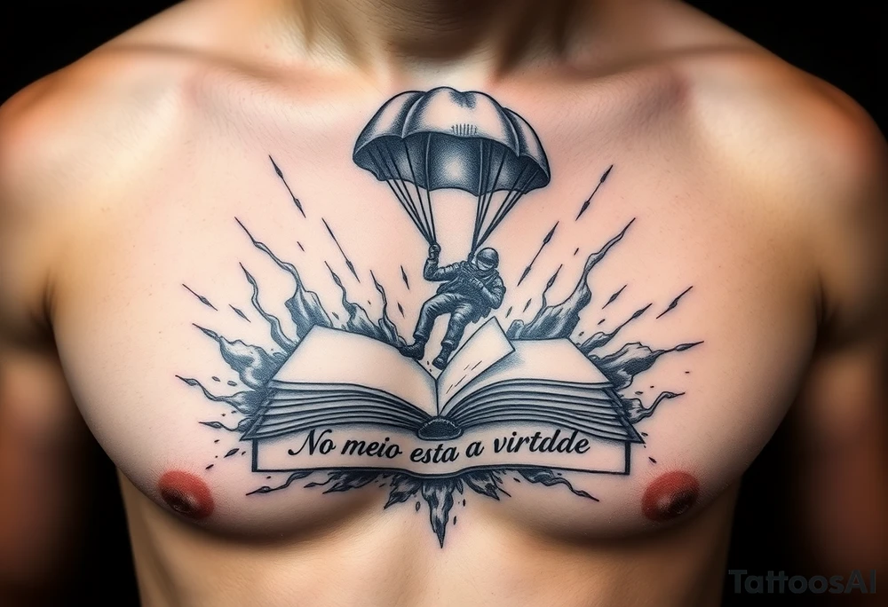 A parachuting soldier landing into an open book. Chaos surrounding, but the book is protecting the soldier from it. On the chest. Make it smaller. Make it thought provoking. "No meio esta a virtude" underneath the book. Make the chaos in the environment be a thunderstorm tattoo idea