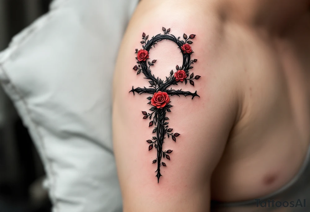 A black ink Ankh with a delicate vine wrapping around it, featuring small red roses symbolizing love and eternity. tattoo idea