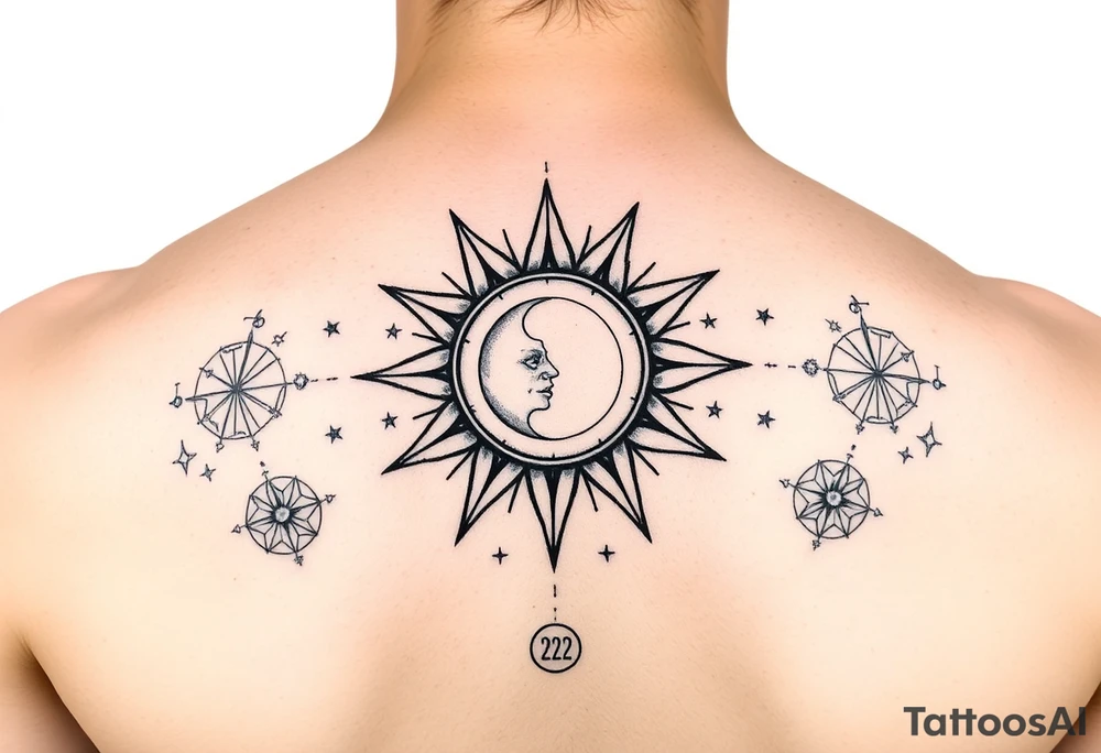celestial sun and moon embrace with constellation patterns with 222 tattoo idea celestial sun and moon embrace with constellation patterns with 222 tattoo idea