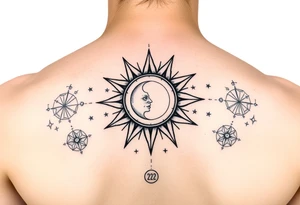 celestial sun and moon embrace with constellation patterns with 222 tattoo idea