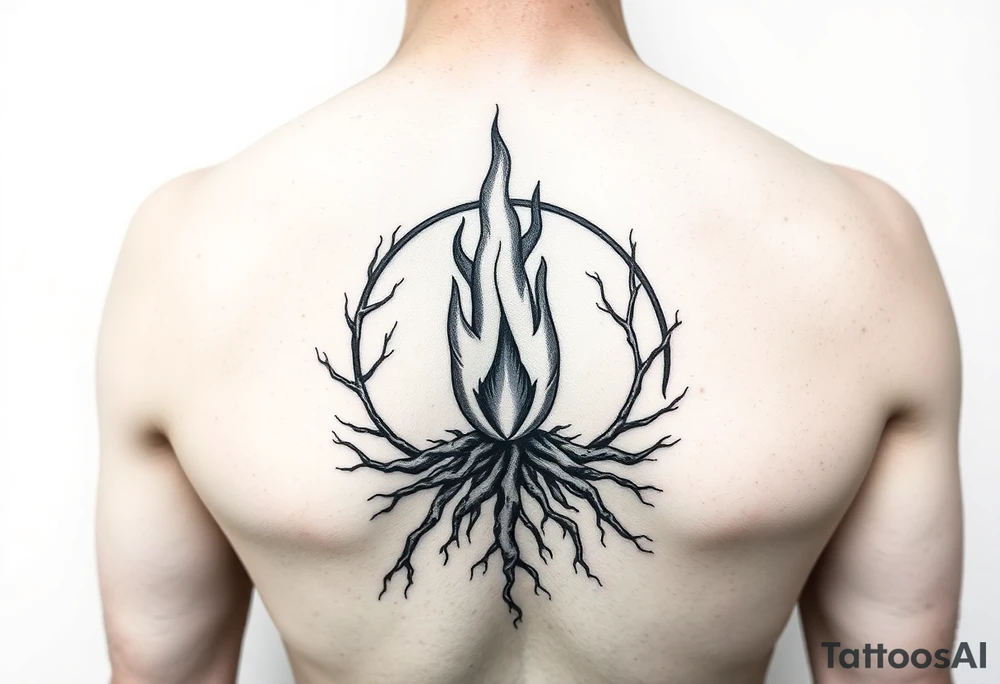 a flame imprisoned in roots circle tattoo idea