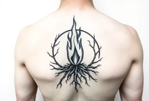 a flame imprisoned in roots circle tattoo idea