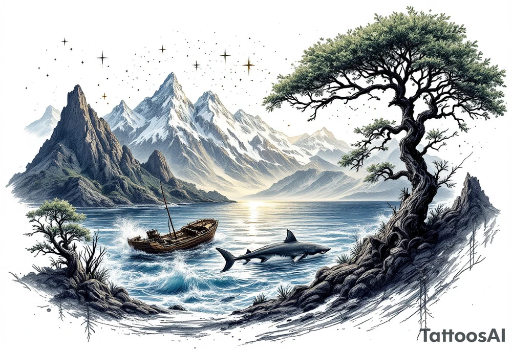 tattoo that has an acacia tree with mountains, ocean with a ship wreck with sharks and the northern star tattoo idea