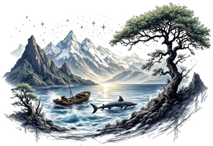tattoo that has an acacia tree with mountains, ocean with a ship wreck with sharks and the northern star tattoo idea