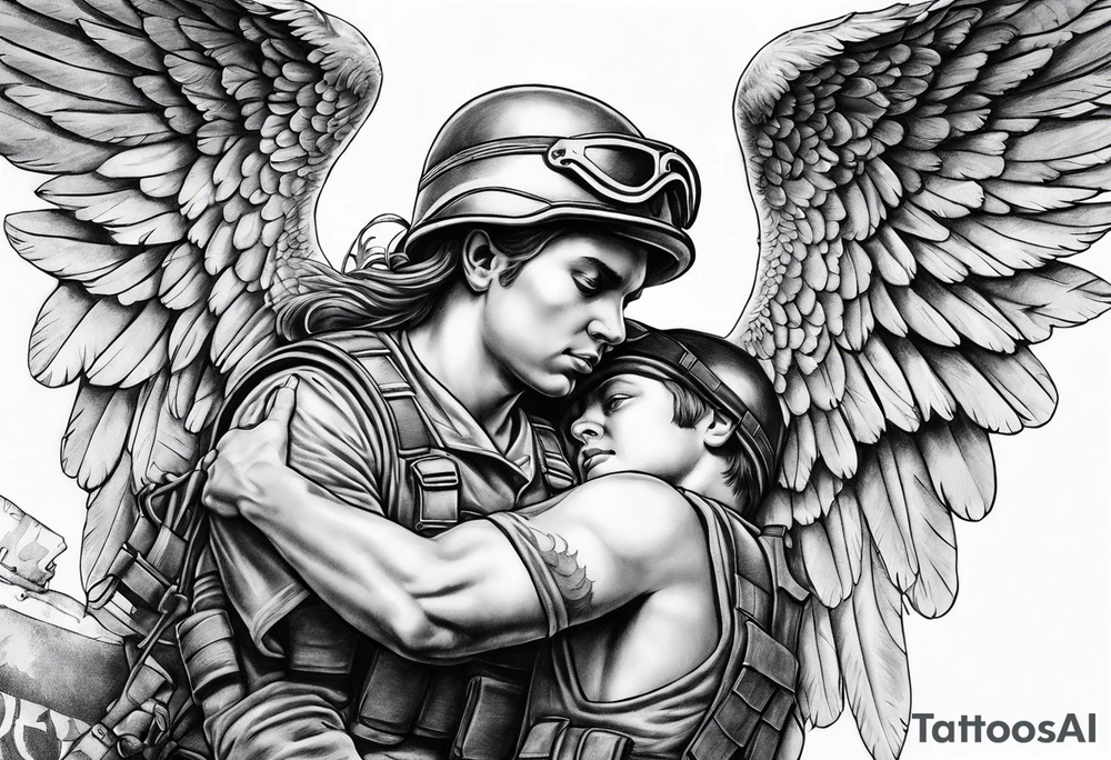A soldier being lifted up by a guardian angel tattoo idea