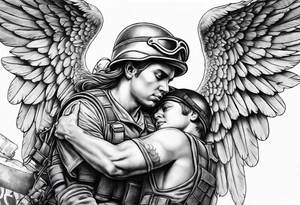 A soldier being lifted up by a guardian angel tattoo idea