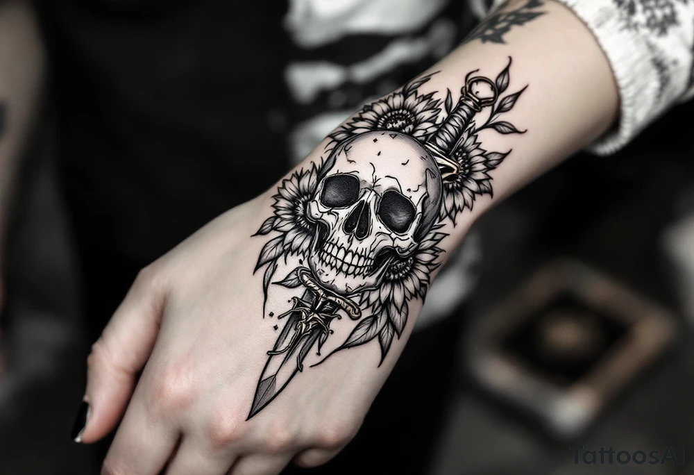 Skull, heart and dagger with roses and sunflowers tattoo idea