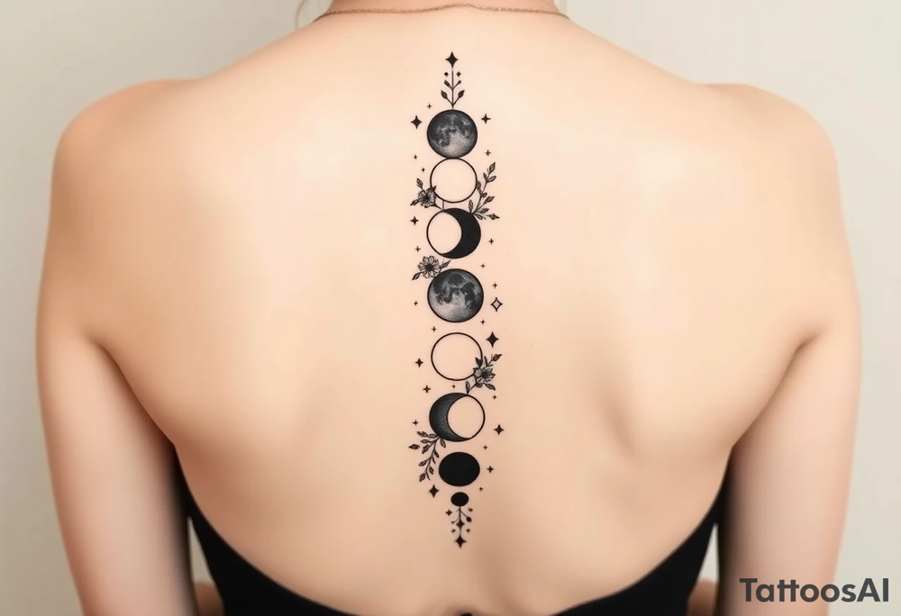 new moon, waxing crescent, first quarter, waxing gibbous, full moon, waning gibbous, last quarter, and waning crescent going down the spine vertically each represent different phases of the moon individually with flowers and vines and stars around it going up and down the sides 
Like the 4th one but more vines on the sides tattoo idea