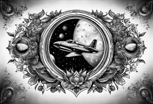 Craft an intricate black and white tattoo design inspired by the themes and imagery from Ray Bradbury's "Cosmonaut" and the poignant lyrics of Elton John's "Rocket Man." tattoo idea