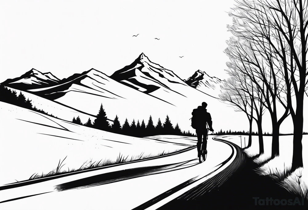 A man with a backpack walking down a road lined with trees, wheeling a bicycle towards a mountain tattoo idea