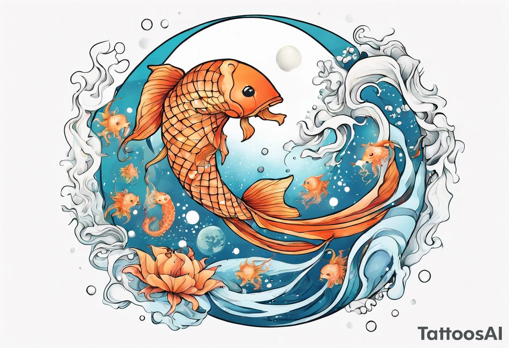 Water scene, featuring koi karp, jellyfish, seahorses and the moon. With nods to Pisces. tattoo idea