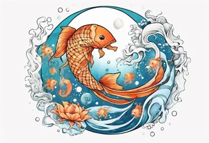 Water scene, featuring koi karp, jellyfish, seahorses and the moon. With nods to Pisces. tattoo idea