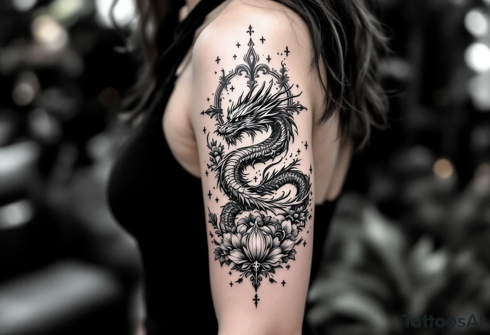 un dragon central entouré de fleurs de lys de style avec des ombrages dans un style assez fin tattoo idea