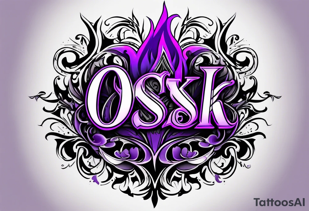 A cool purple and black looking flame surrounding letters OSK. In a trapstar looking font tattoo idea