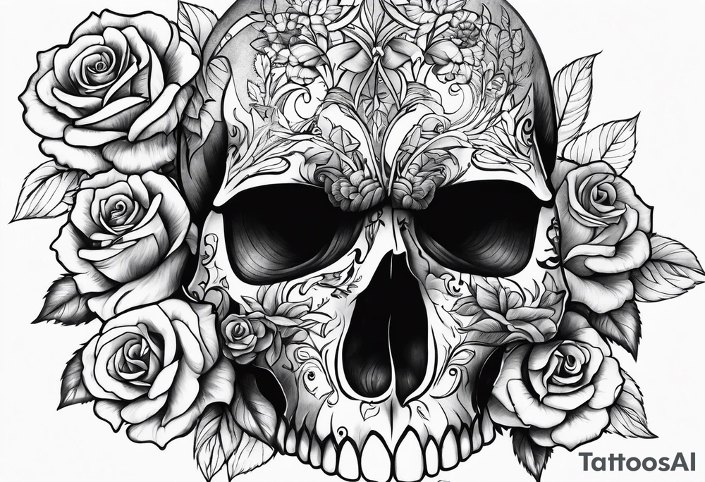 skull tattoo with roses tattoo idea
