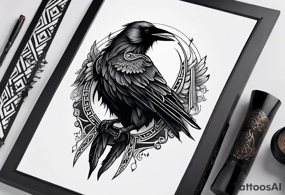 Black and white odins raven in a Norse rune style for placement on the neck with the ravens wings going up the sides of the neck tattoo idea