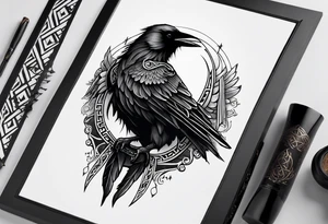 Black and white odins raven in a Norse rune style for placement on the neck with the ravens wings going up the sides of the neck tattoo idea