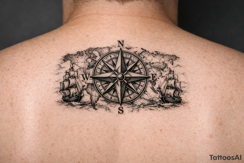 antique compass rose overlaid on weathered world map with sailing ships tattoo idea