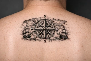 antique compass rose overlaid on weathered world map with sailing ships tattoo idea