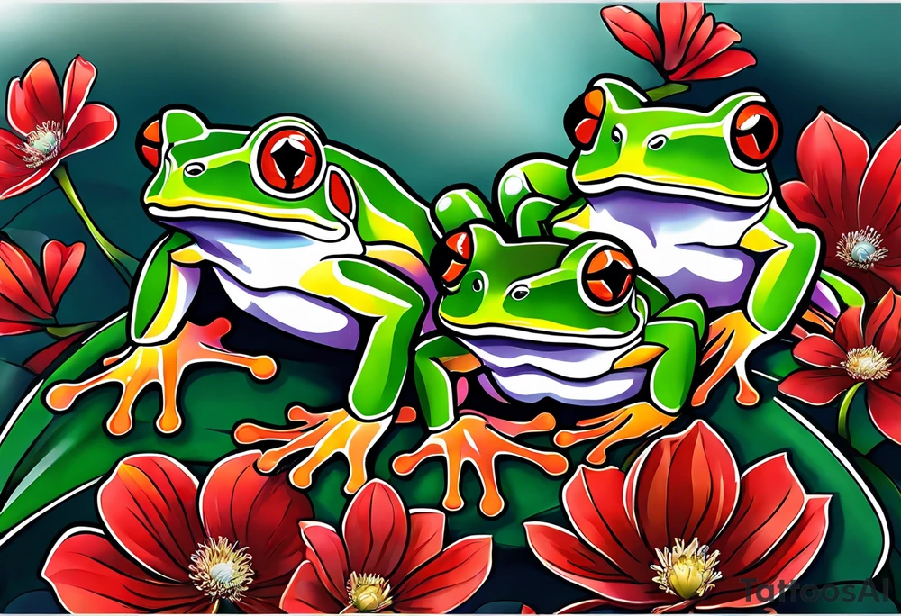 2 Red-eye tree frogs one big and one small sitting on a flower tattoo idea