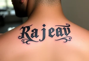 Merge Rajeev and Vivaan names together on top of each other so that one side reads as Rajeev  and another side as vivaan tattoo idea