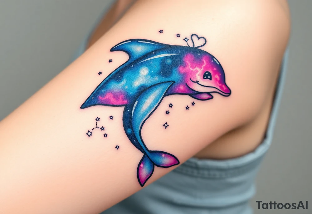 A celestial dolphin with a translucent body, filled with stars and nebula clouds in hues of midnight blue and magenta tattoo idea