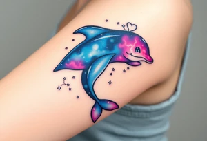 A celestial dolphin with a translucent body, filled with stars and nebula clouds in hues of midnight blue and magenta tattoo idea