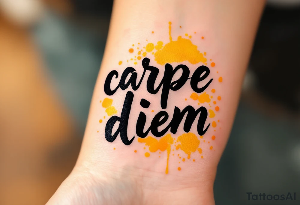 Bold brush-painted black text "carpe diem", surrounded by splashes of golden yellow and orange like a sunrise. tattoo idea