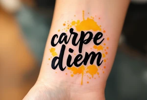 Bold brush-painted black text "carpe diem", surrounded by splashes of golden yellow and orange like a sunrise. tattoo idea