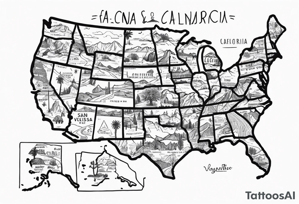 Roadtrip trough California on a Map.
Stops are: San Francisco, Yosemite Park, Death Valley, Las Vegas, Grand Canyon, Joshua Tree, Los Angeles and San Diego.
Erase all the other streets tattoo idea