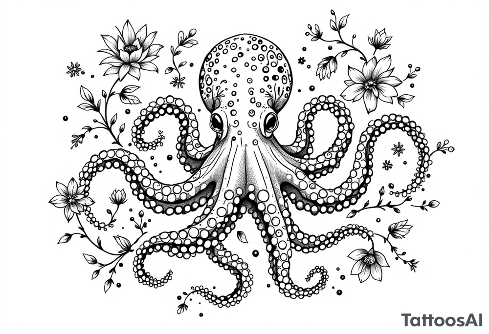 realistic octopus, detailed linework, intricate, black-and-grey shading, surrounded by floral ornaments, intertwining and merging with flowers, thin black swirling lines, semi-transparent brown leaves, dotwork, ornamental flourishes, radiating design, fine-line style, minimalistic, organic flow, feminine, artistic, slightly surreal, seamless composition, marine botanical fusion, lifelike texture, graceful rhythm, smooth shading, soft leaves wrapping, blooming shoulder flower, outward radiating pattern, vine tentacle flow, integrated sea creature, botanical octopus curved body placement, natural organic movement tattoo idea